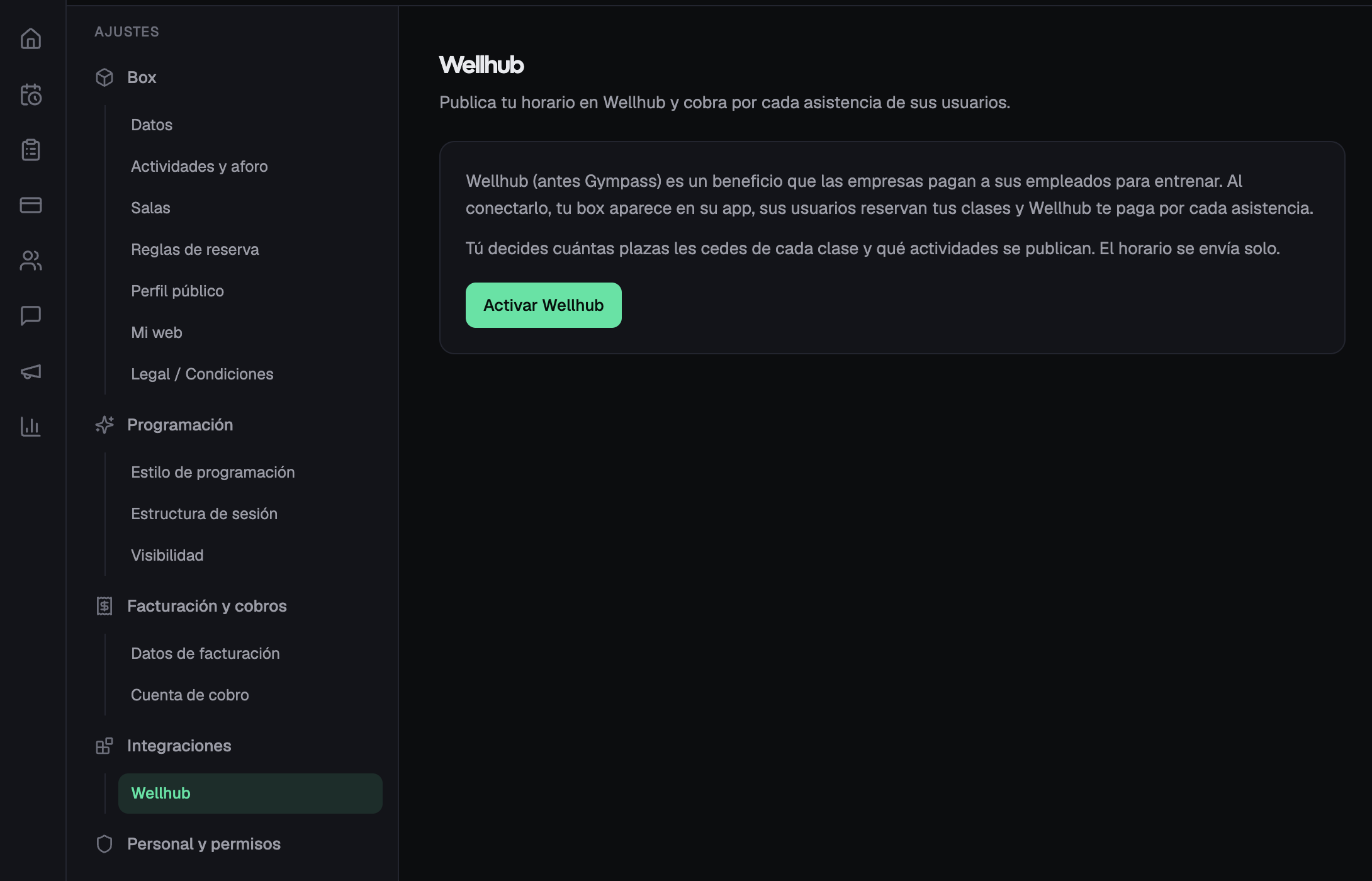 Tarjeta de Wellhub en la configuración de Crossmate, con el botón Activar Wellhub
