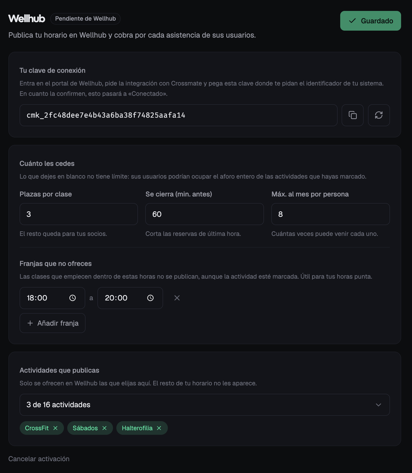 Ajustes de la integración de Wellhub en Crossmate: clave de conexión, límites de plazas, anticipación, máximo mensual, franjas y actividades publicadas